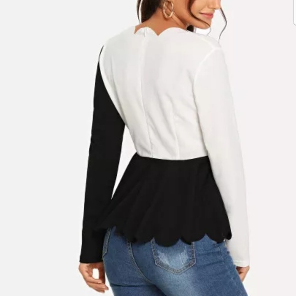Contrast BlackWhite LongSleeve Scallop Peplum Top - Picture 2 of 4